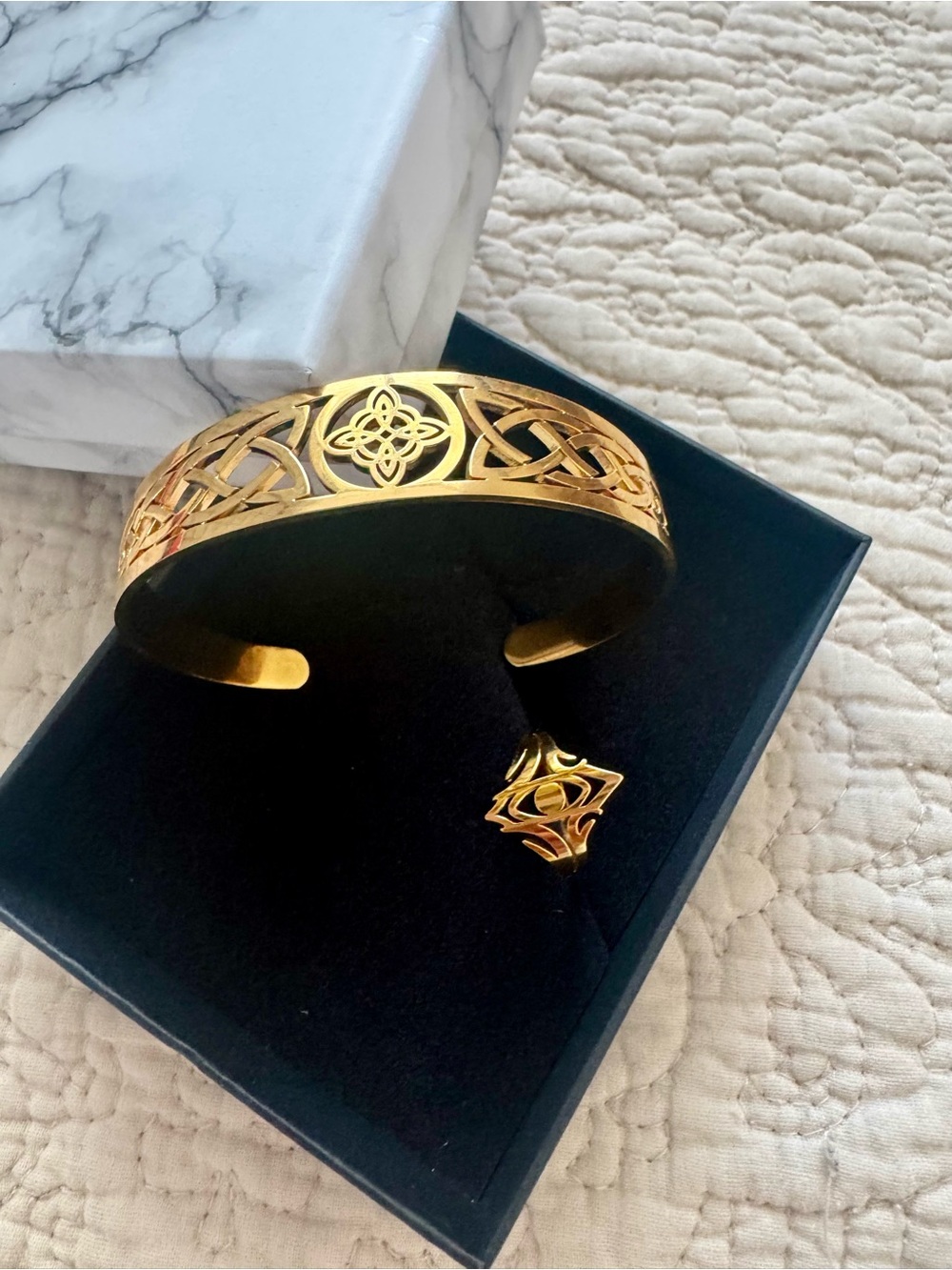 Gold Celtic Openwork Cuff Bracelet and Ring Set